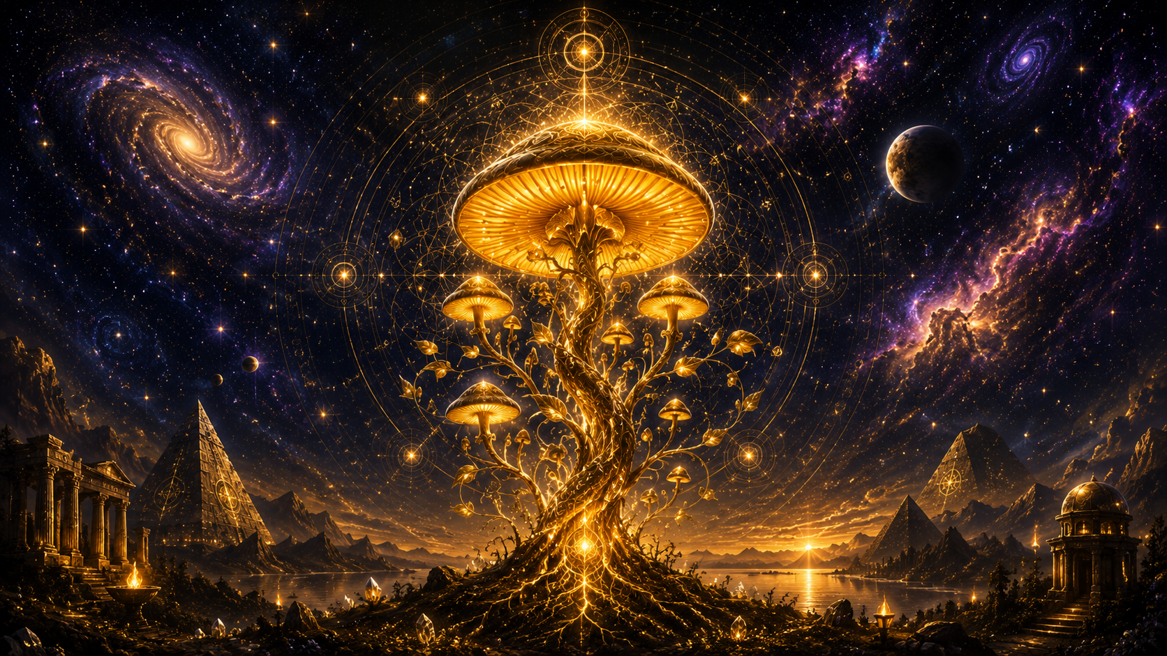 Cosmic Golden Mushroom Tree